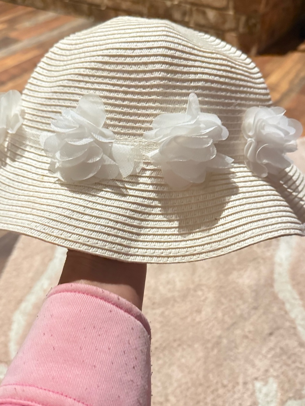 Kids White Floral Ribbon Straw Sun Hat